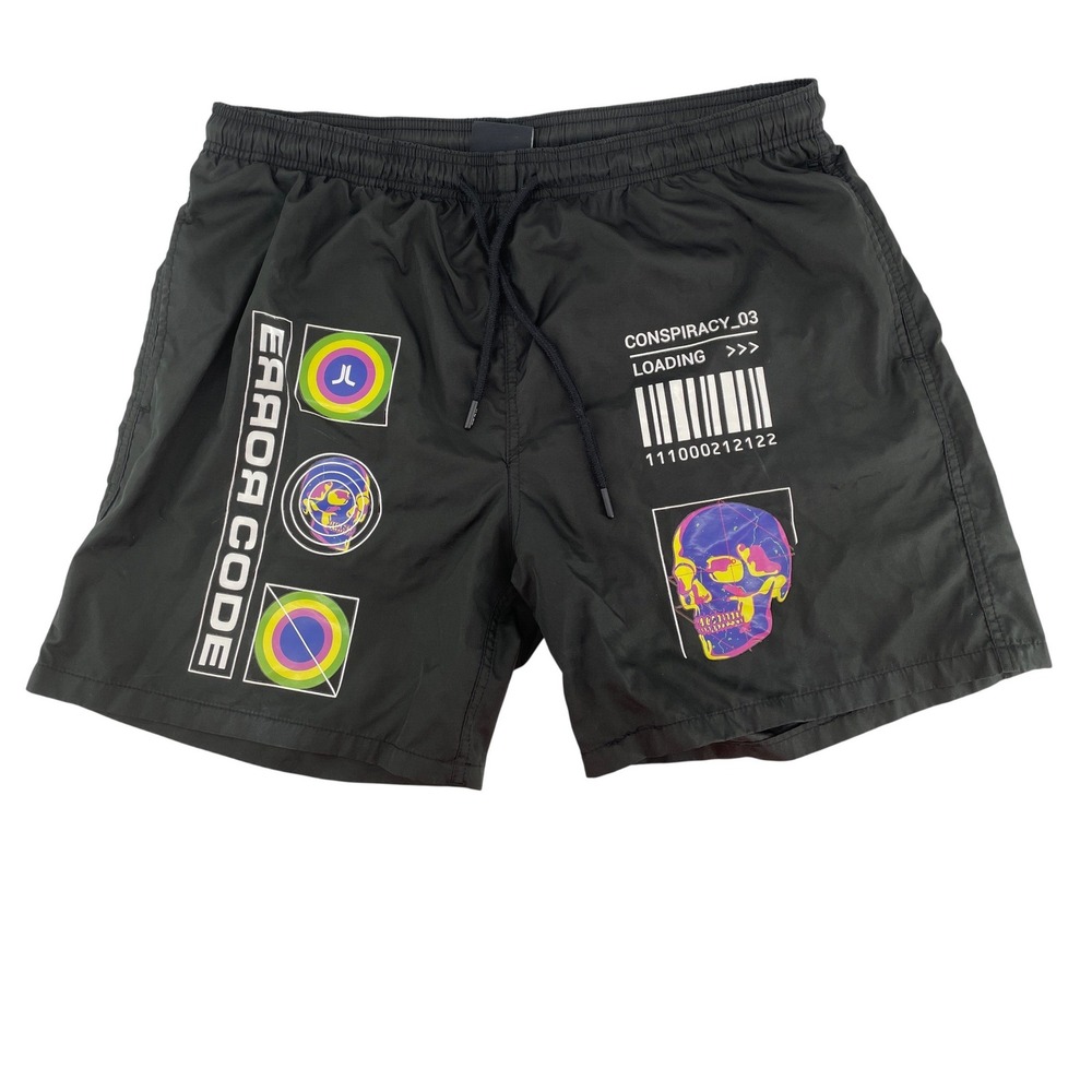 WeSC Swim Trunks Mens XL Black Error Code Conspiracy Skull Graphic Shorts